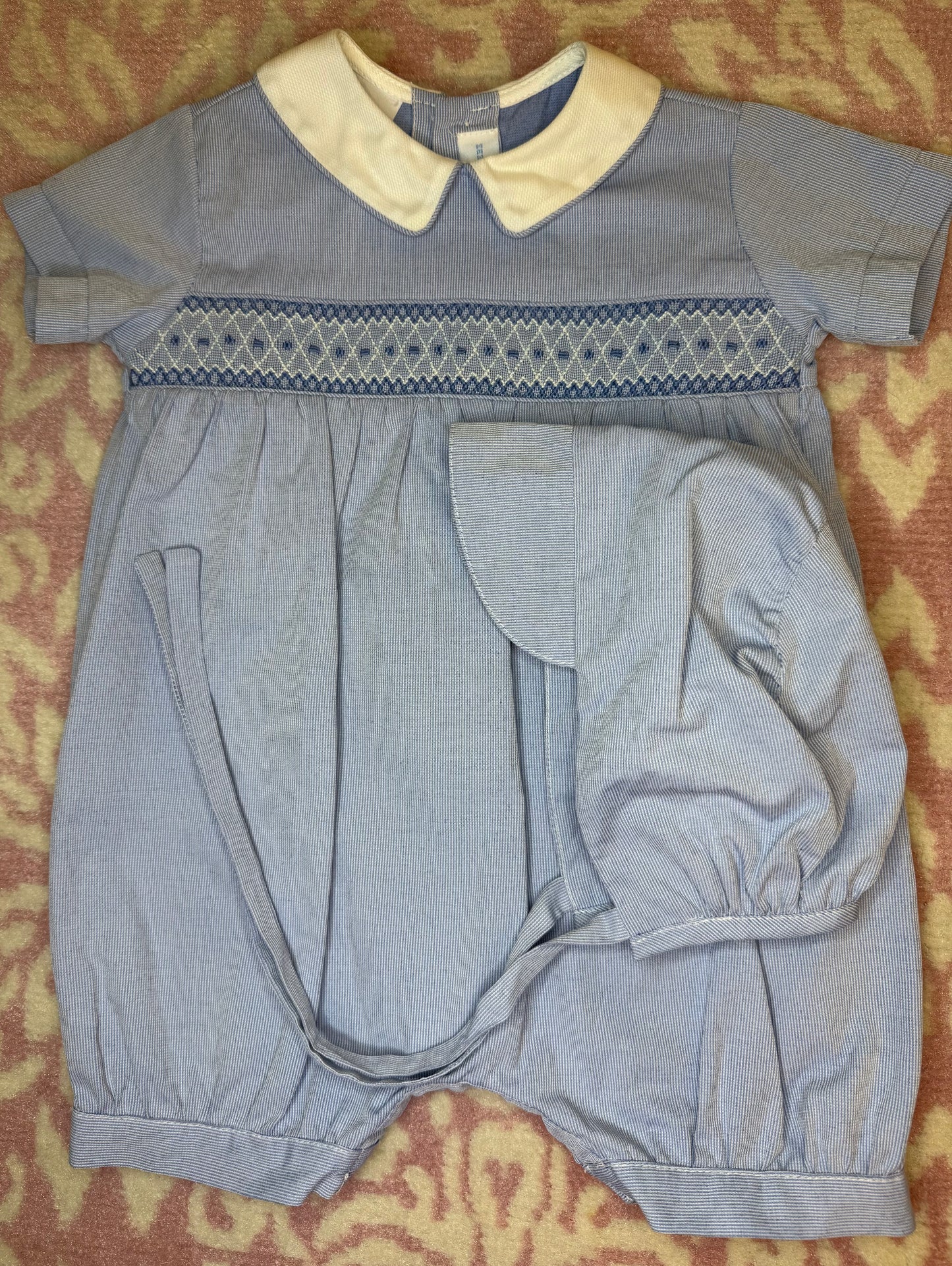 6M Vive La Fete Blue Smocked Romper + Matching Bonnet