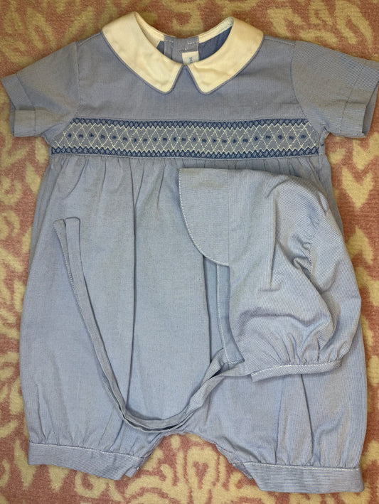 6M Vive La Fete Blue Smocked Romper + Matching Bonnet
