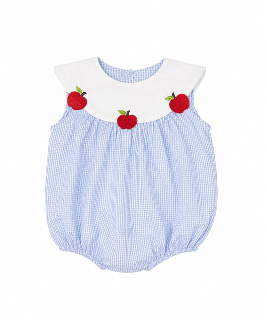 9M Stitchy Fish Apple Bib Petit Gingham Blue Bubble