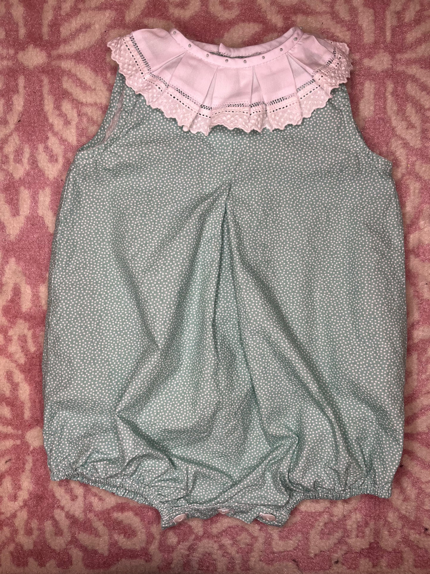 6M Luli & Me Green and White Polka Dot Bubble with Eyelet Ribbon Collar