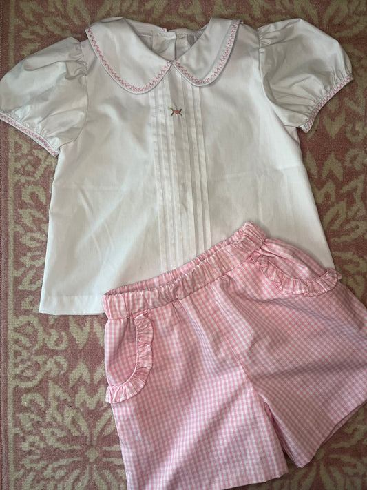 6X Zuccini Pleat Front Blouse with Pink Gingham Short Set