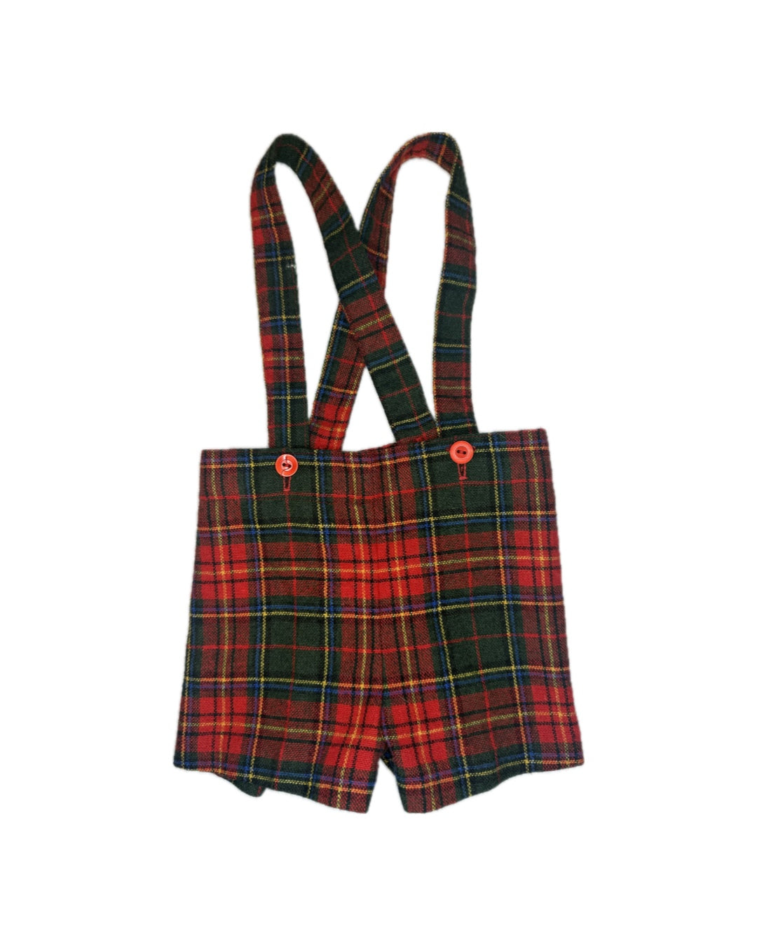 Red and green plaid children's suspender shorts with button detail on white background