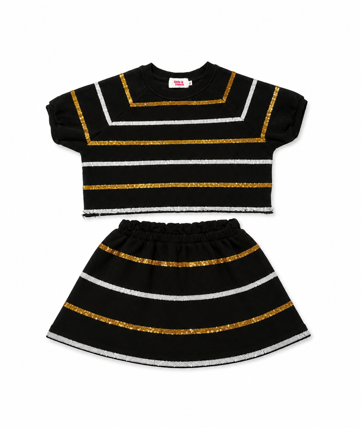 M (10) Glitz & Gritz Black & Gold Two Piece Skirt Set