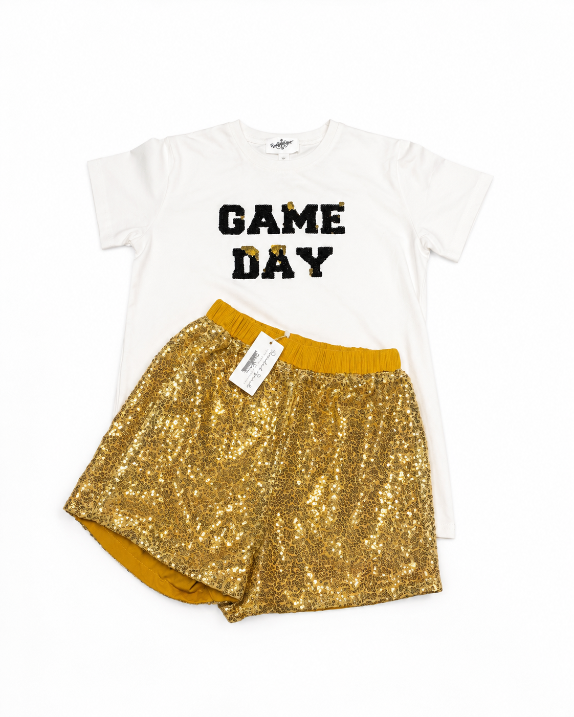 14 Belle Cher + Blended Spirits Saints “Game Day” Black & Gold Sequin Short Set