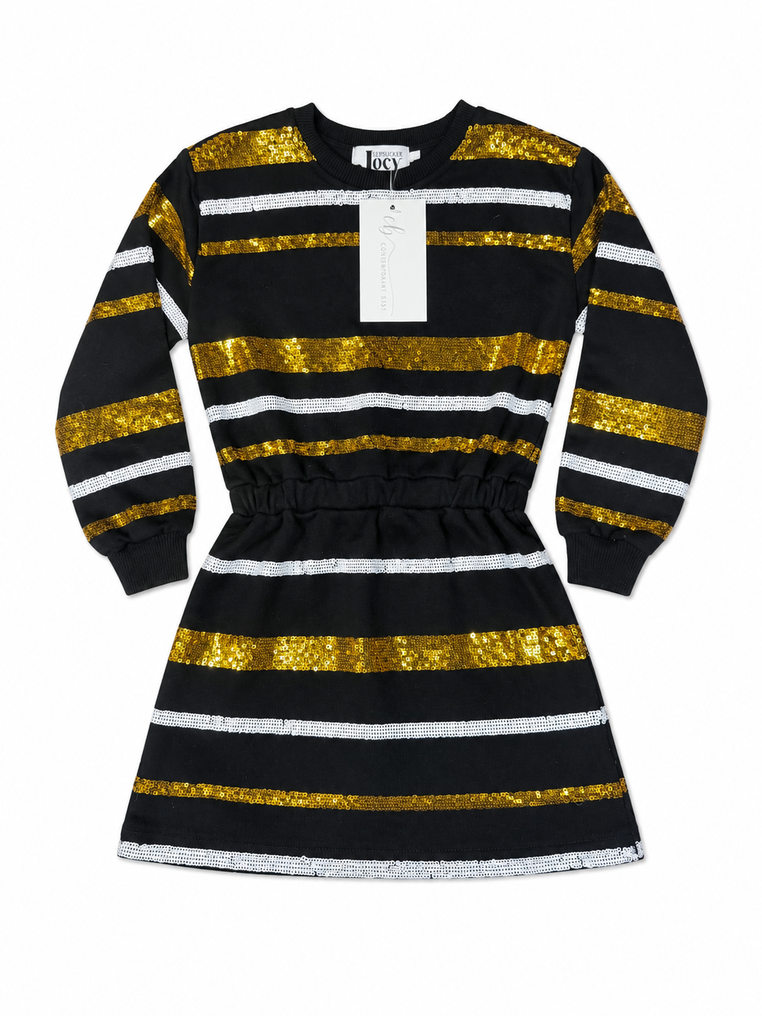 Seersucker Joey Black & Gold Sequin Saints LS Dress