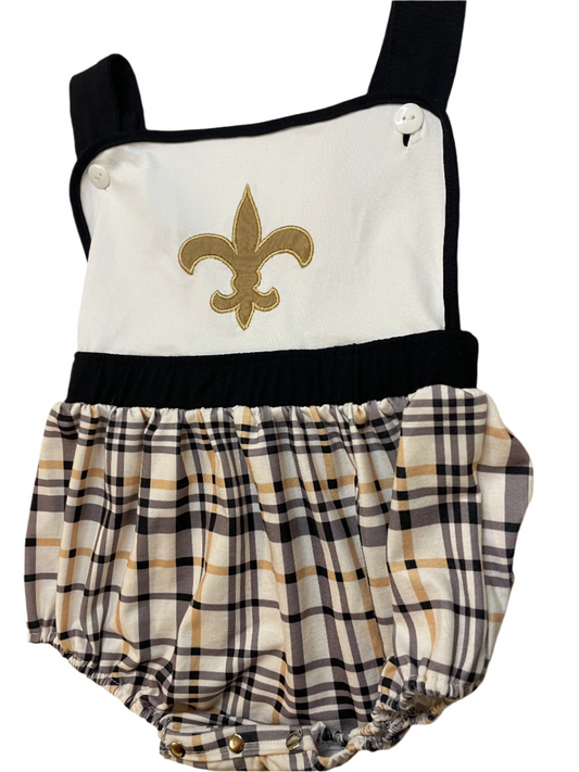 Sz 2T Saints Black & Gold Plaid Sunsuit