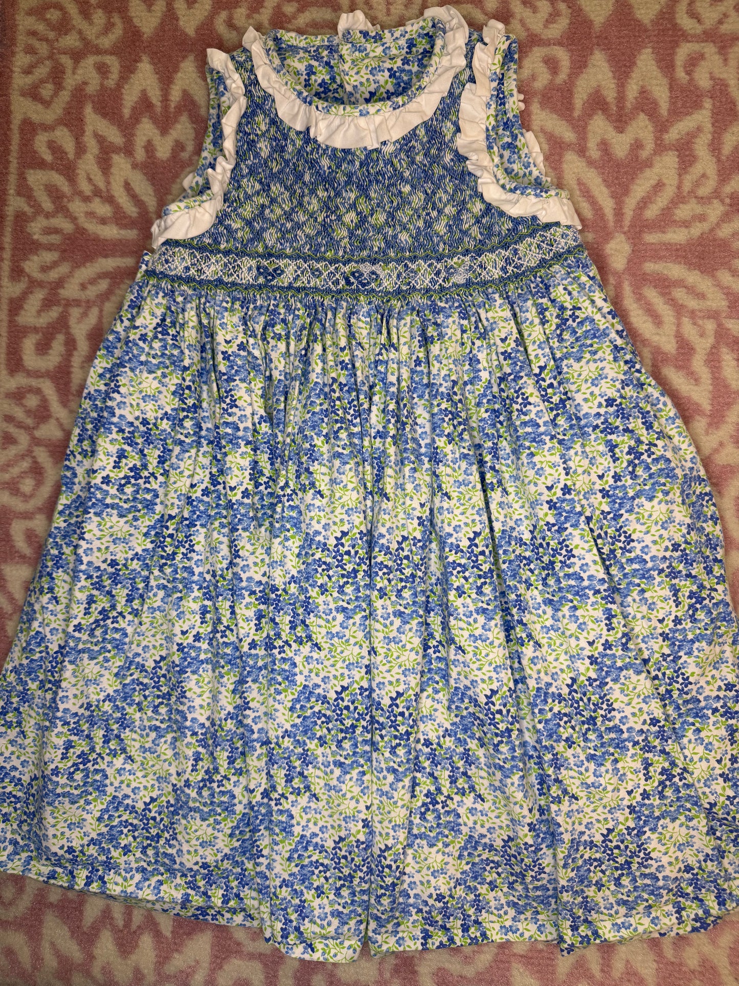 3T Luli & Me Blue & Green Floral Smocked Dress
