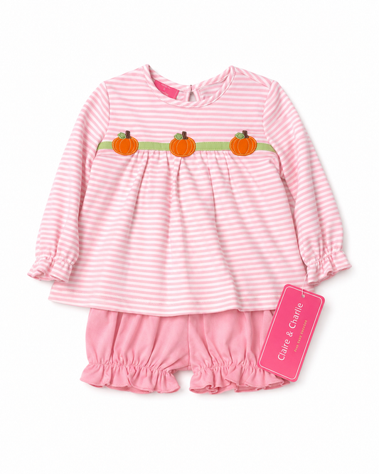 12/18M Claire & Charlie Pumpkin Appliqué Knit LS Bloomer Set