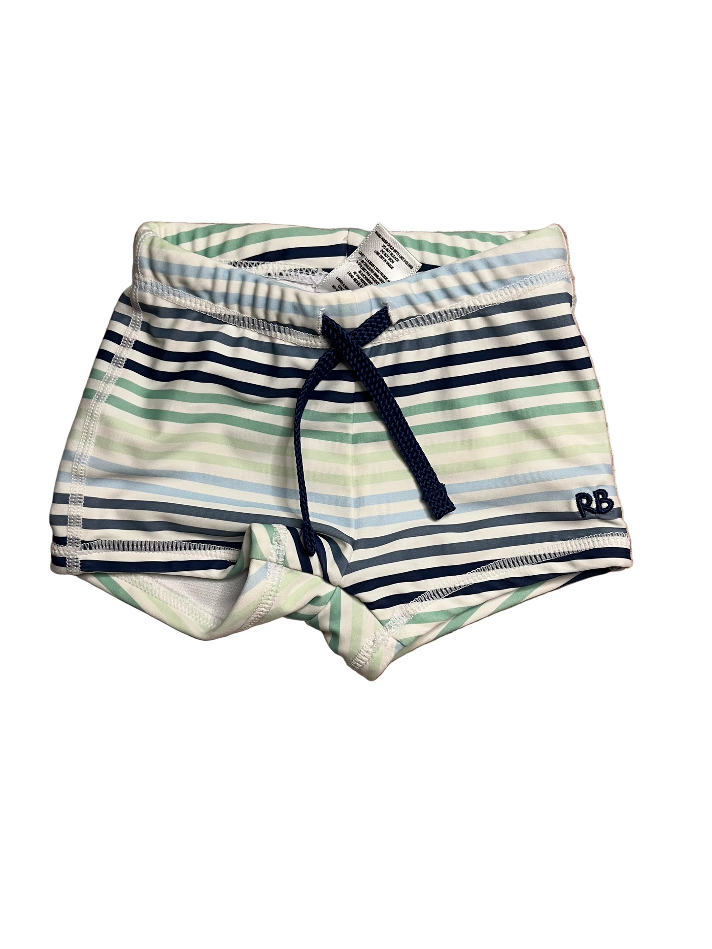Striped boys swim trunks with navy drawstring and RB initials, pastel blue and green