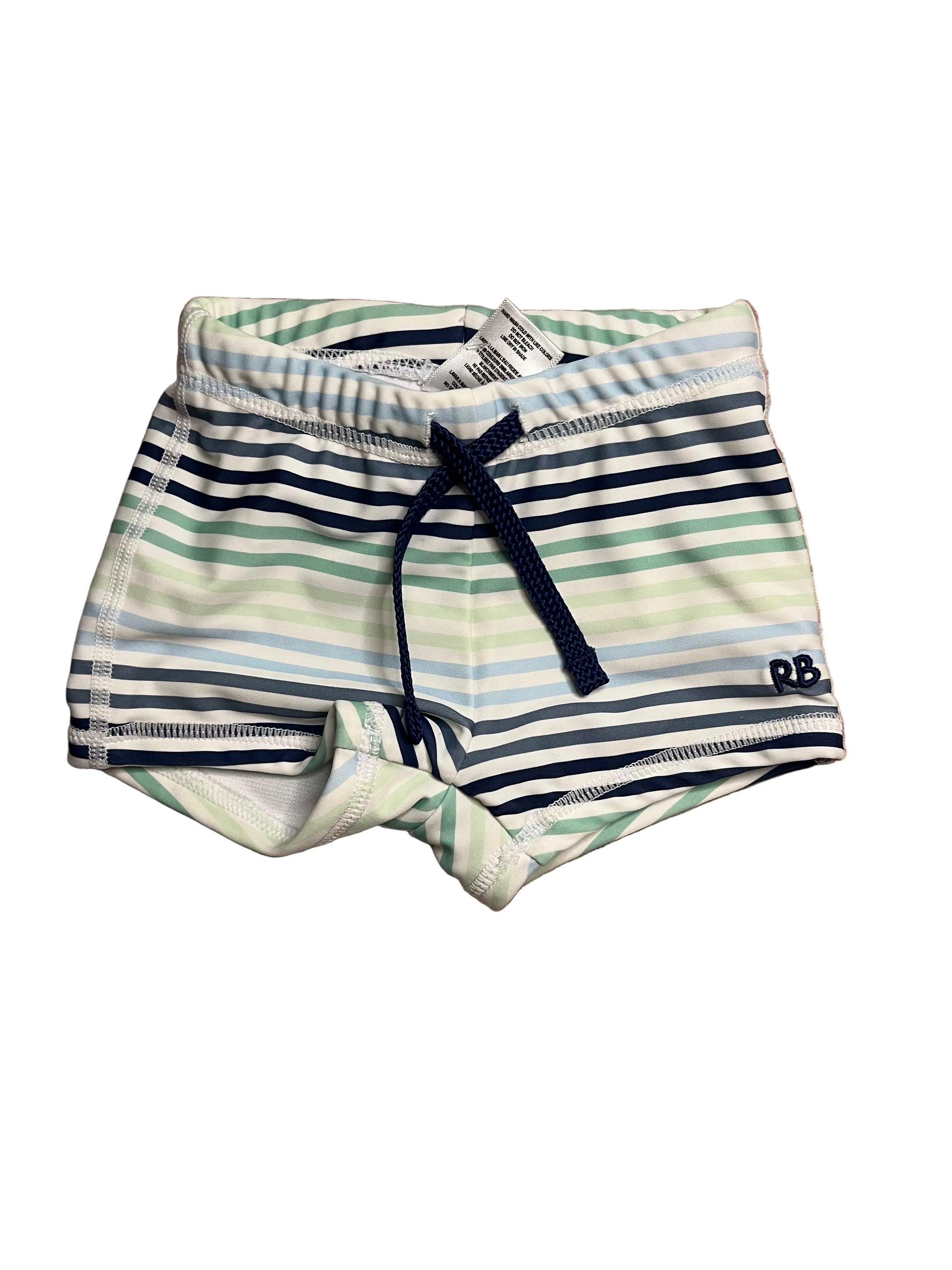 Striped boys swim trunks with navy drawstring and RB initials, pastel blue and green
