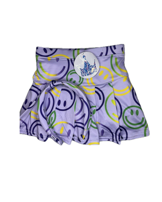 Girls' lavender skirt with colorful smiley face print and matching headband