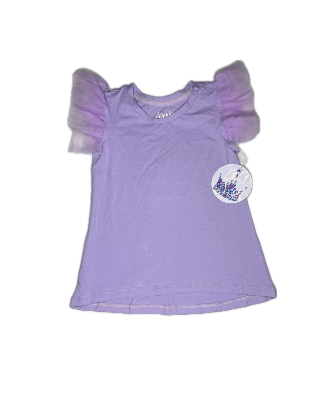 Lavender short sleeve girls' top with purple tulle puff sleeves, displayed on white background