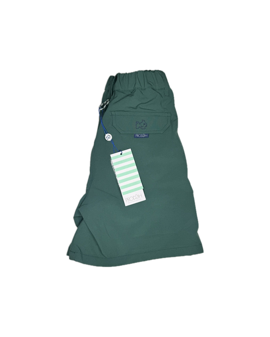 Green elastic waist children's shorts with back pocket and striped tag on white background