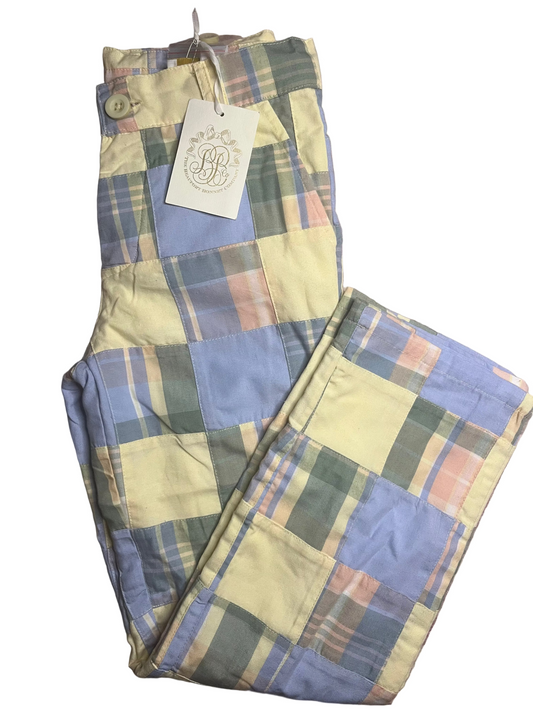 Pastel plaid patchwork children's pants with button waist and hanging brand tag