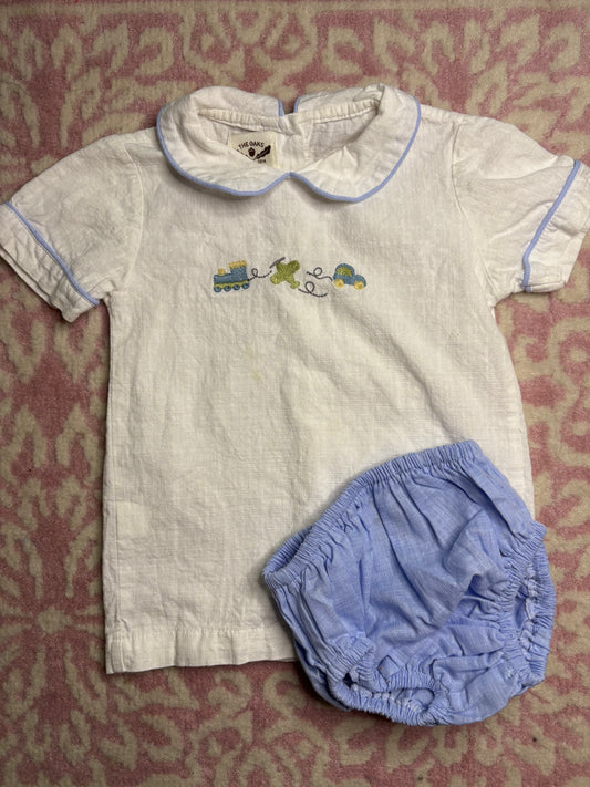 2 The Oaks Apparel Linen Diaper Set with Embroidered Trains, Planes, and Automobiles