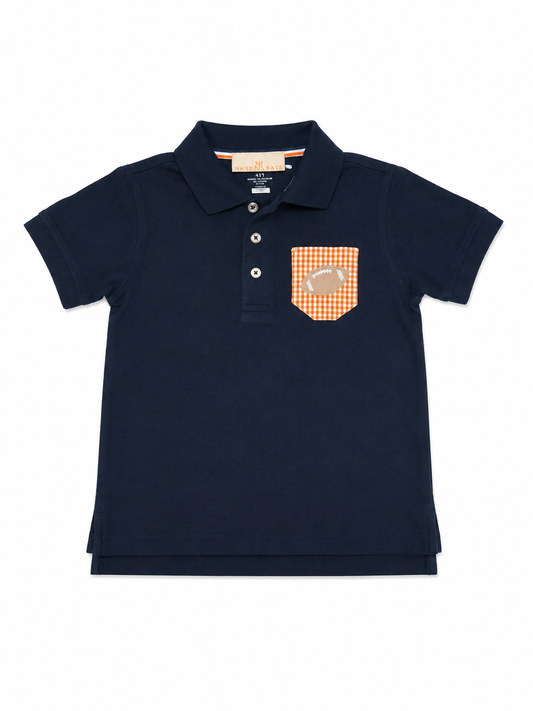 6/7 Hannah Kate Orange Gingham & Navy Football Appliqué Polo