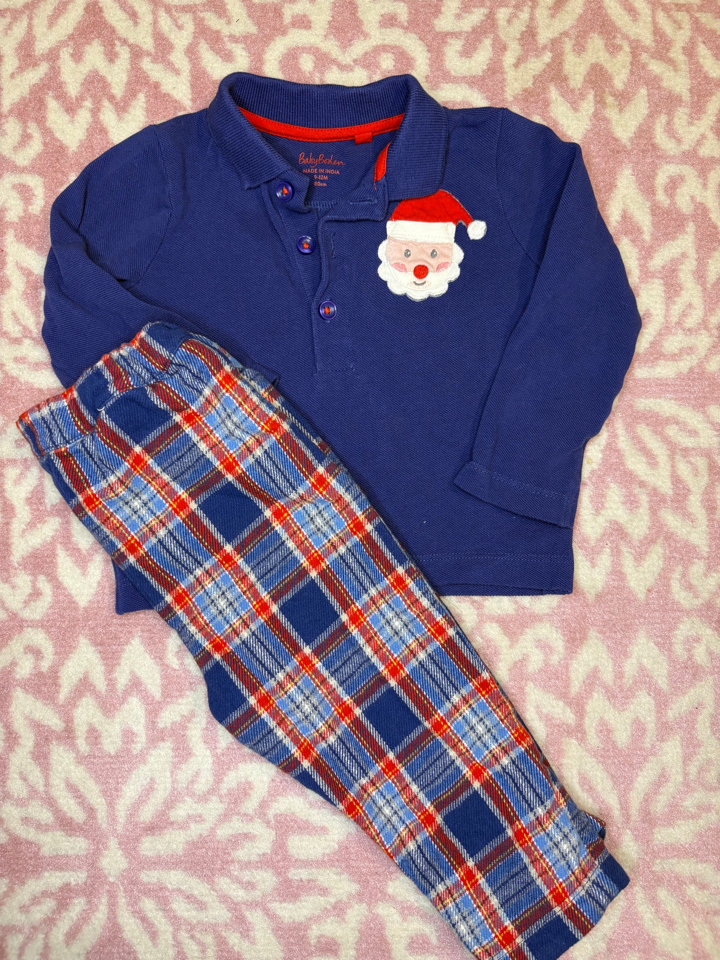 9-12M Baby Boden Santa Polo and Plaid Pants