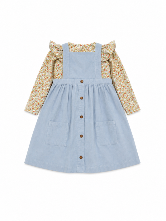 8 Smocking Bird Blue Cord Jumper Floral Ruffle Top Set