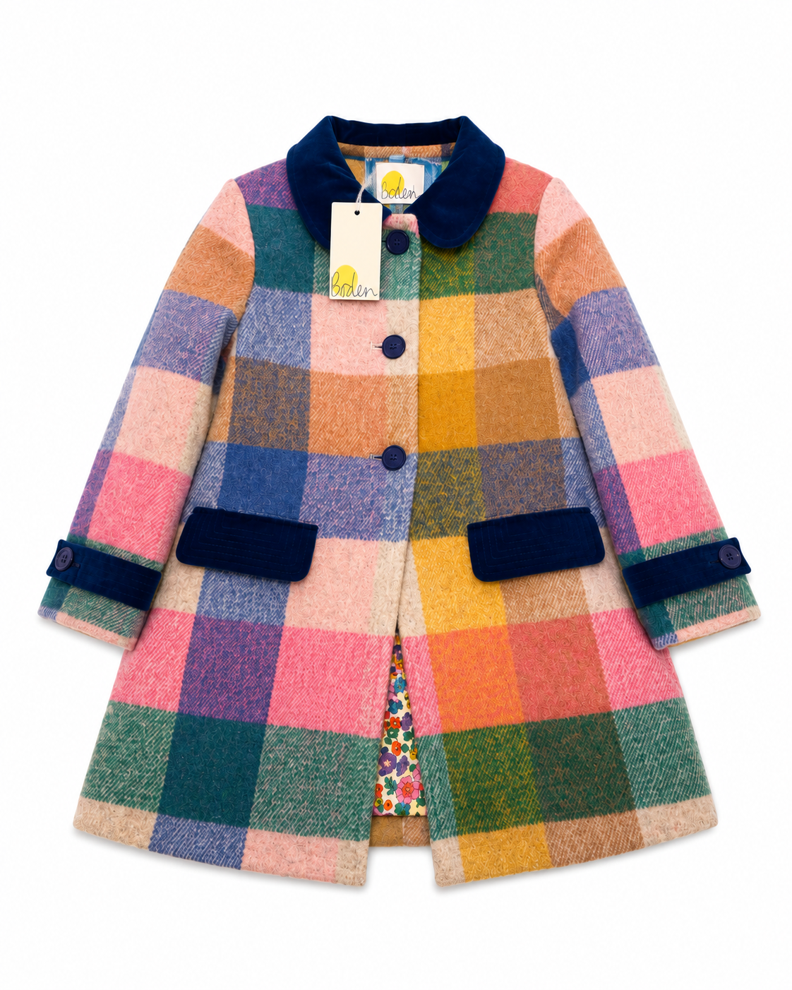 3/4 Mini Boden Check Wool Blend Coat in multi rainbow gingham