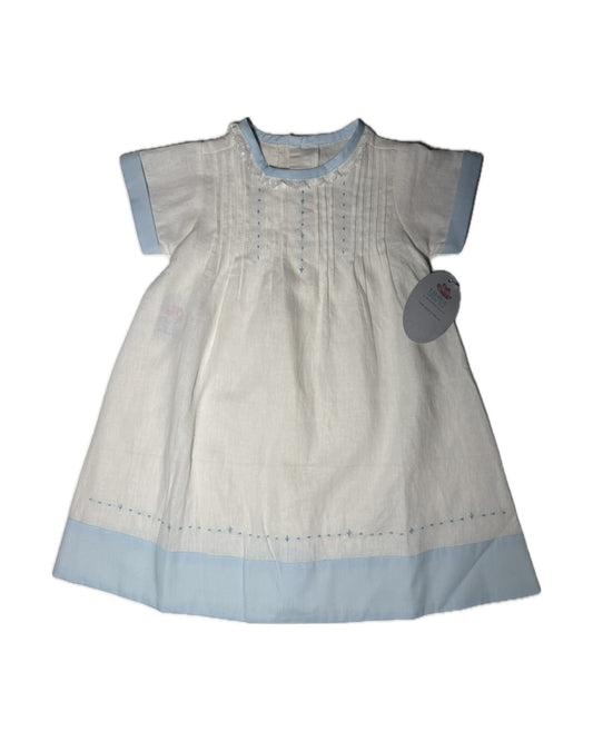 Classic white baby dress with light blue trim, short sleeves, and delicate embroidered details