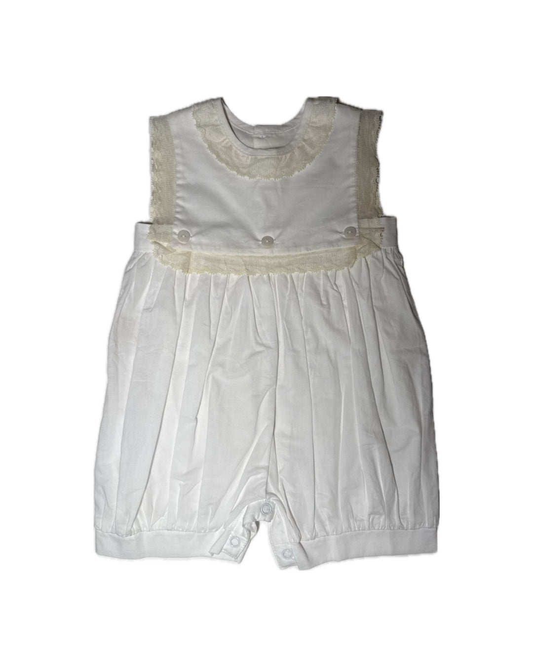 Classic white infant romper with lace trim and button details, sleeveless children's clothing