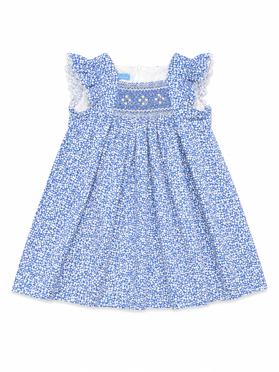 4 Anavani Blue Floral Smocked Scalloped Angel Sleeve Dress