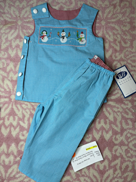 3/4 Beaux & Belles Reversible Smocked Set Snowman/Snowflakes