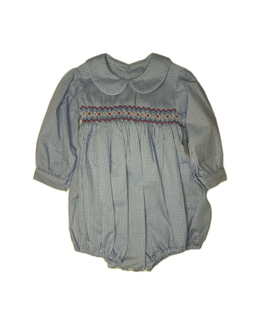 Girl 18M Baby Sen Petit Gingham Blue w/ Red Smocked LS Bubble