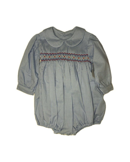 Girl 18M Baby Sen Petit Gingham Blue w/ Red Smocked LS Bubble