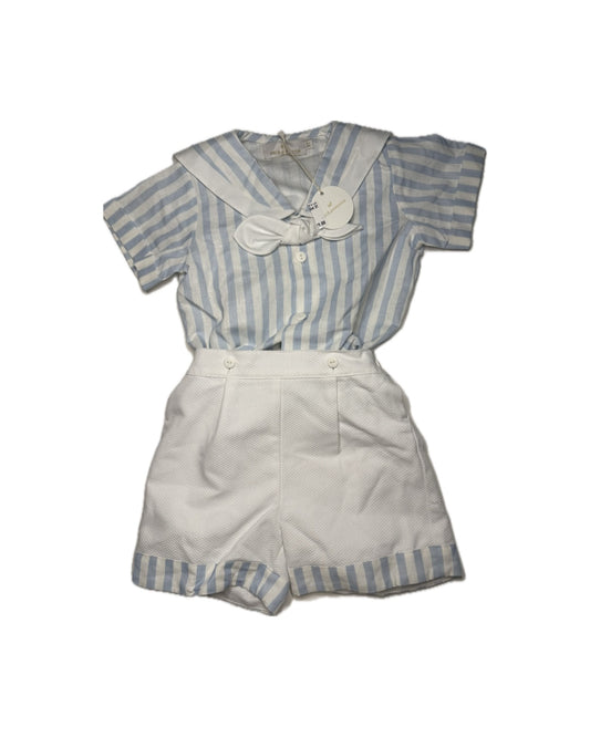 Blue and white striped toddler boy's sailor short set with bow and white shorts