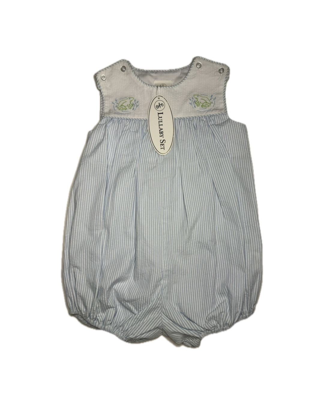 Blue striped baby romper with embroidered frogs and button shoulder detail