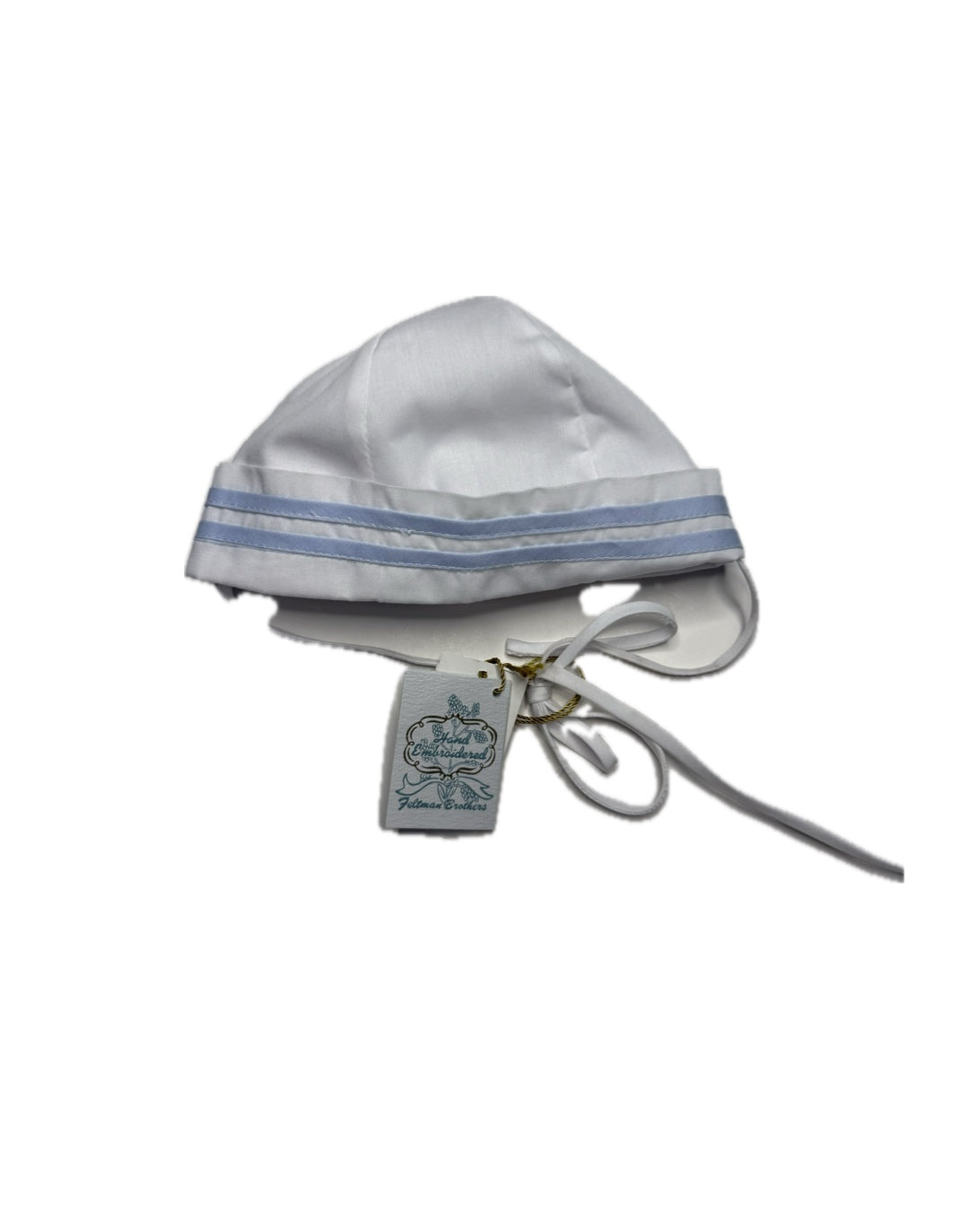 White baby bonnet with light blue trim and tie strings, displayed on white background