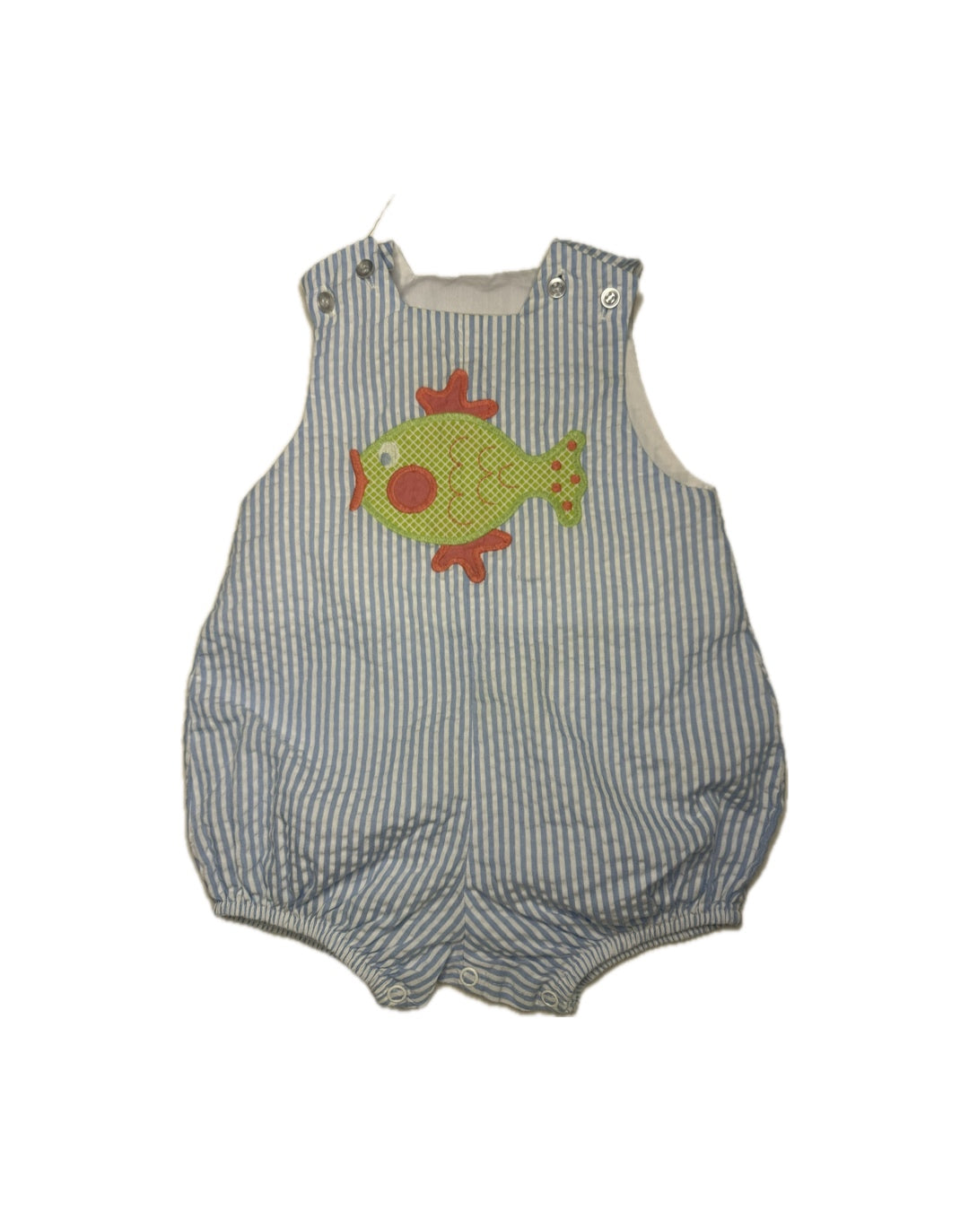 Blue and white striped baby romper with colorful fish applique, children's clothing