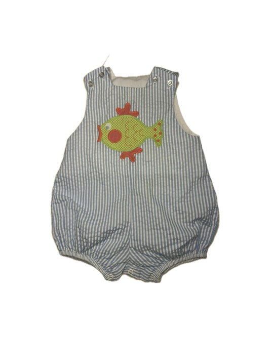 Blue and white striped baby romper with colorful fish applique, children's clothing