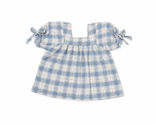 10 Be Elizabeth Blue & White Plaid Puff Sleeve Bow Top