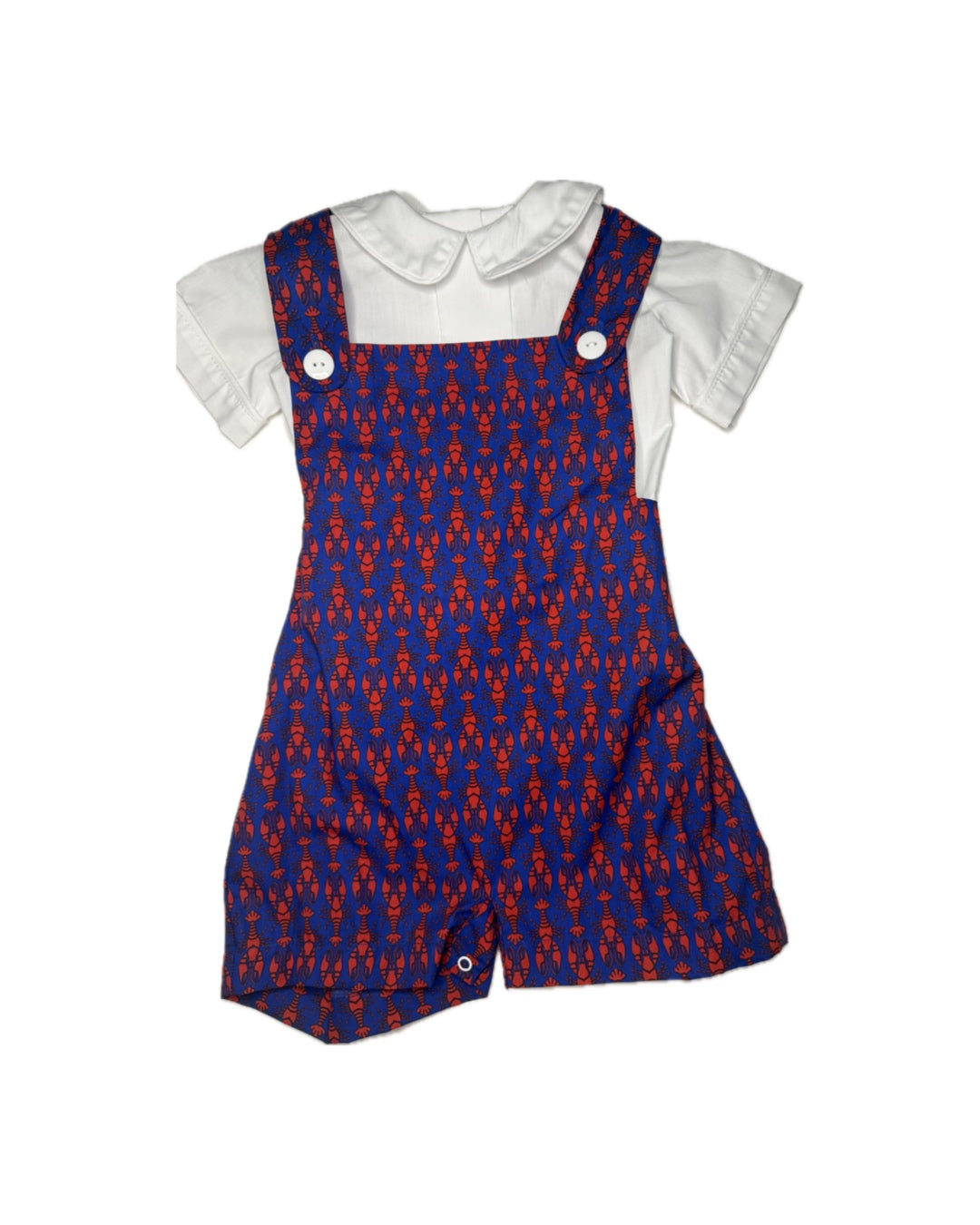 Toddler boy blue romper with red lobster print and white collared shirt, classic children's clothing