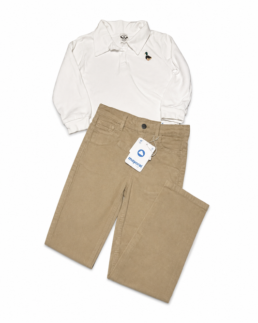 5/6 The Oaks Duck LS Polo + Mayoral Basic Cord Trousers in Cashew Set