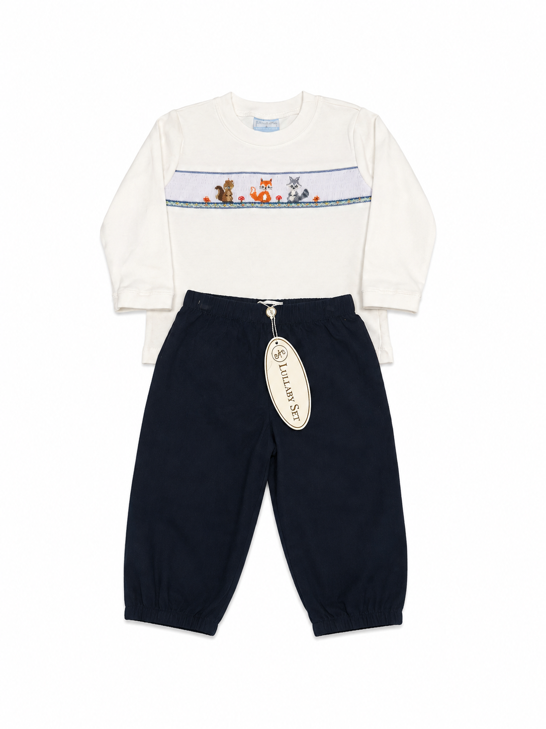 24M/2T Petit Bebe Forest Critter Smocked LS Tee + Lullaby Set Navy Cord Bubble Pant Set