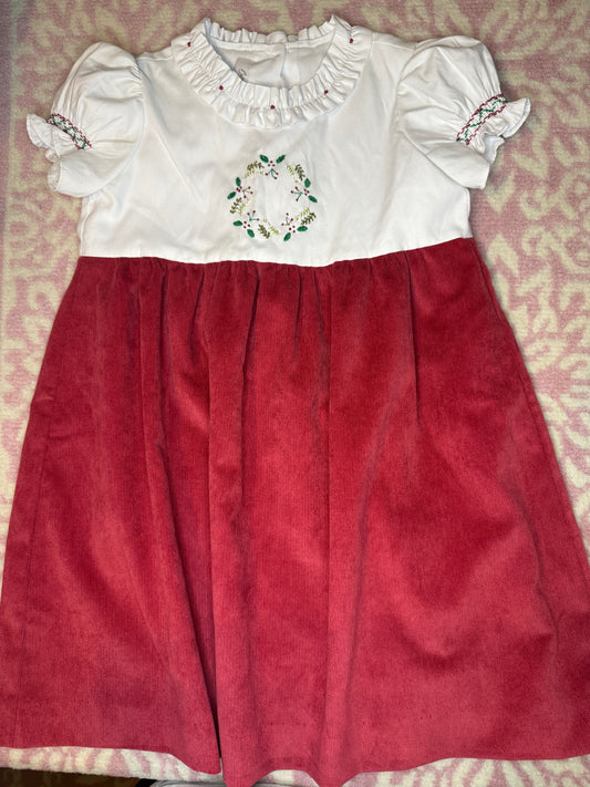 6Y Bell Bird Christmas Wreath Cord Dress
