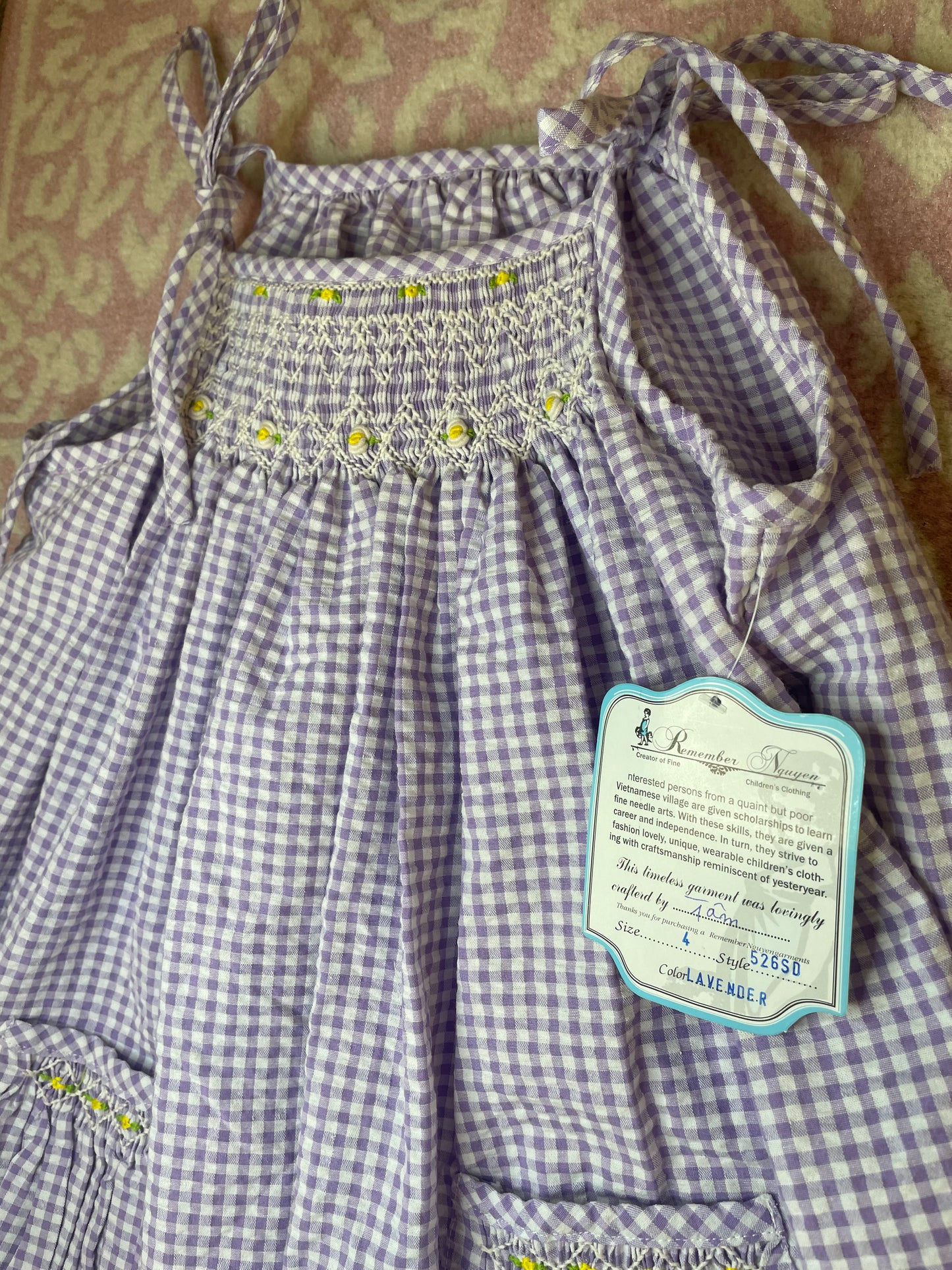 Sz 4 Remember Nguyen Lavender Check Tie Side Smocked Dress