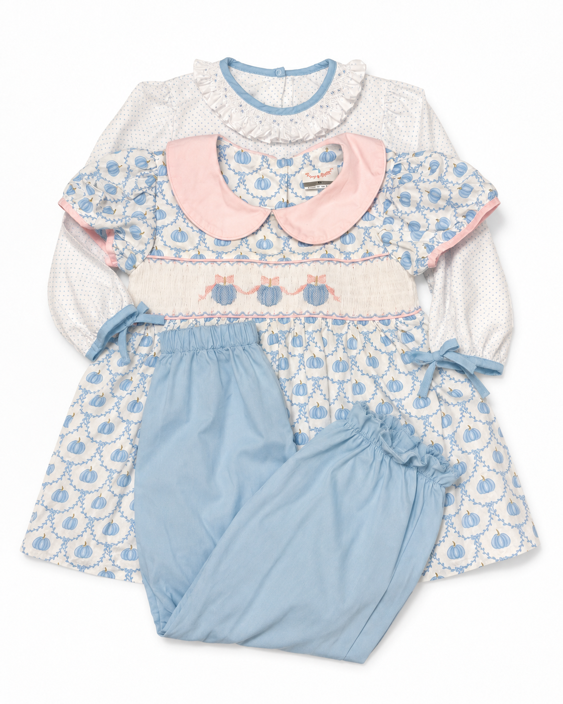 6 Stitchy Fish Blue Pumpkin Bow + LS Petit Polka Dot LS Top Bundle Pant Set