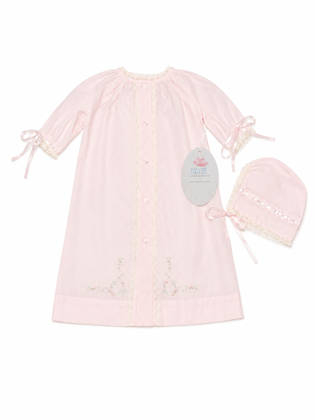 3M Baby Sen Baby Pink Carter Lace Daygown + Bonnet