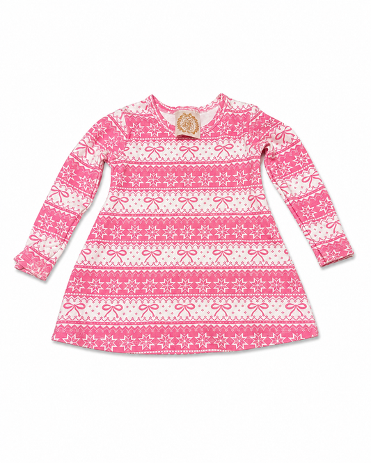 12/18M TBBC LONG SLEEVE POLLY PLAY DRESS FROSTY FAIRISLE (PINK)