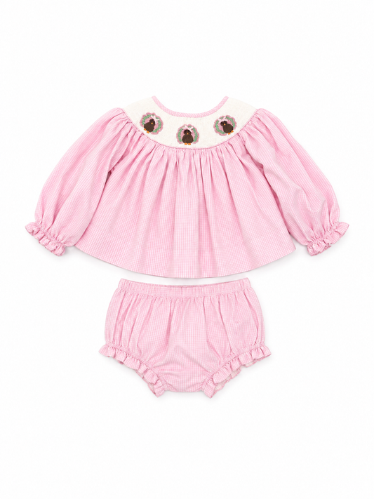 12M Cecil & Lou Pink Smocked Turkey Bow Bloomer Set