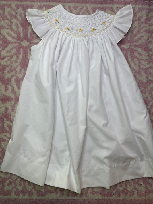 18M Bow Peep White Bishop Smocked Dress with Yellow Rosettes