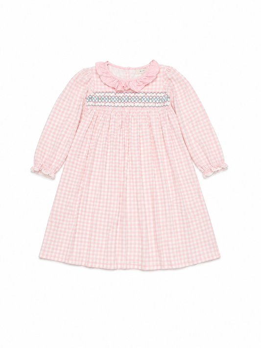 7 Smockingbird LS Smocked Pink Gingham Dress
