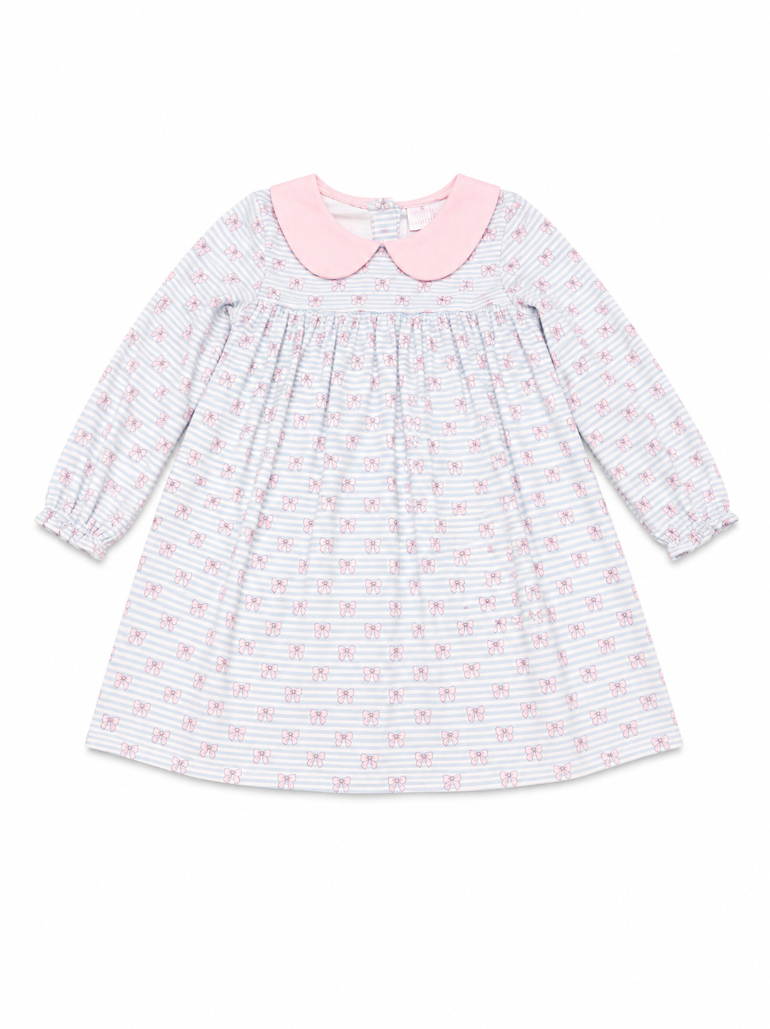 8 Stitchy Fish Blue & White Striped Pink Bow LS Dress