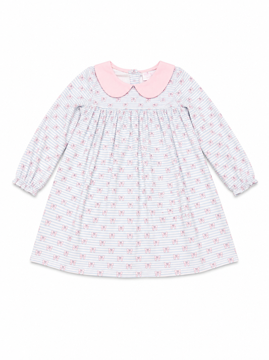 8 Stitchy Fish Blue & White Striped Pink Bow LS Dress