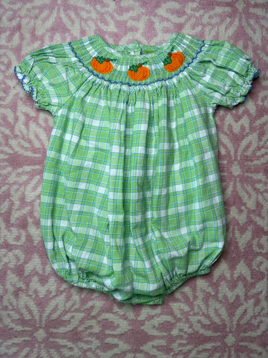 12M Classic Whimsy Green Plaid Bubble with Pumpkin Smocking