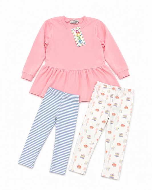 8 Jellybean + Striped & Birthday Leggings Sweatshirt Ruffle Dress Set Bundle